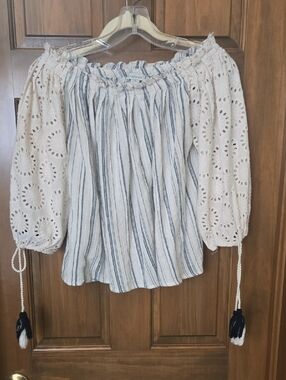 Sundance Cream and Blue Striped Eyelet Off-Shoulder Blouse